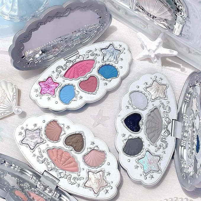 Flower Knows Shell's Jewel 6-Color Makeup Palette,Eyeshadow,Blush,Highlighting & Contour All-in-One Face Makeup Palette with 4 Matte+2 Shimmer Smoky Shades(03 Deep Sea,0.23 Oz)