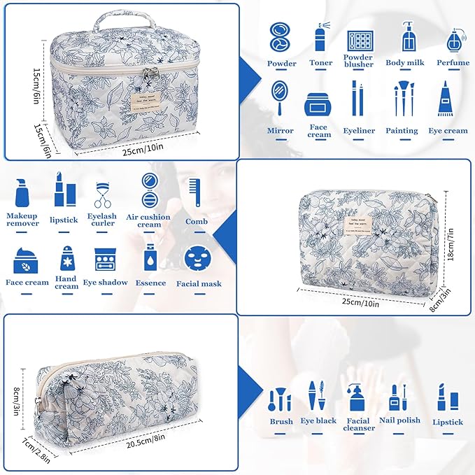 Makeup Bag Set, Quilted Floral Cosmetic Bags for Women, Cute Cotton Makeup Organizer, Travel Toiletry Bag Set (Navy Blue)