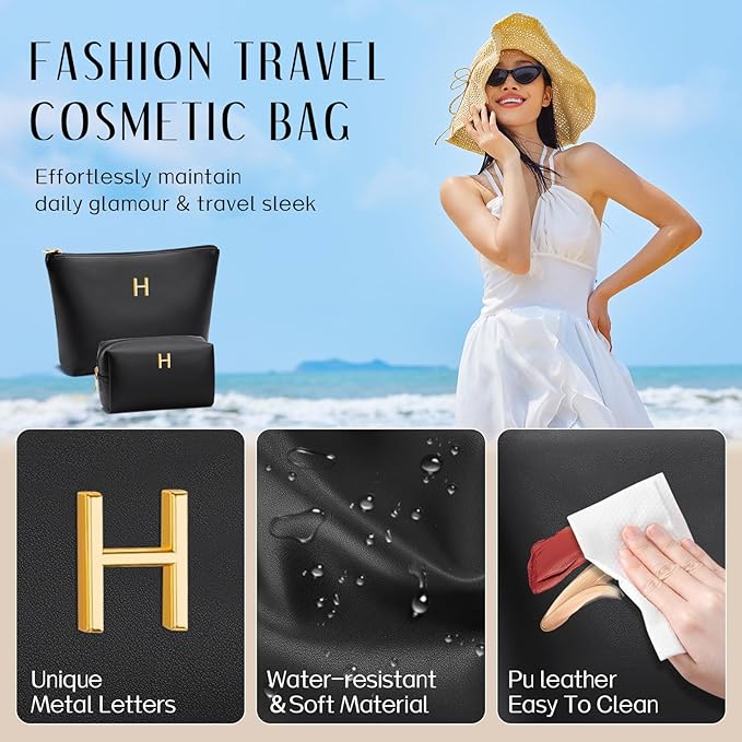 Women Gifts | Initial Makeup Bag Set for Girl Personalized Gifts for Bridesmaid Friend Graduation Teachers PU Leather Cosmetic Travel Toiletry Bag(Black,H)