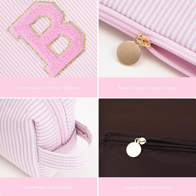 Bridesmaid Gifts Wedding Day - Bridal Shower Gifts,Maid of Honor Gifts,Initials Makeup Bag Set Cosmetic Bag - Pink,B