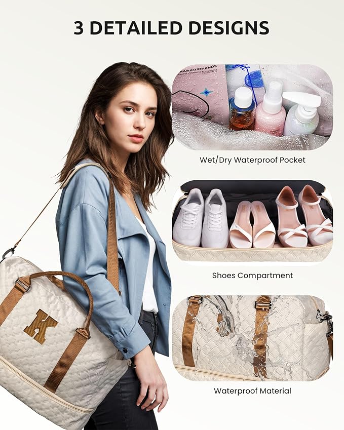 Girls Duffle Bag with Shoe Compartment, Monogrammed Bags, Kids Weekender Bag, Monogram Overnight Bag for Women with Trolley Sleeve & Wet Pocket, Letter Travel Bag with Makeup Bag (Letter J)