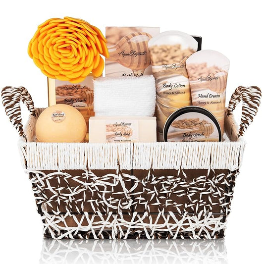 Spa Baskets For Women - Luxury Bath Set With Honey & Almond - Spa Kit Includes Wash, Bubble Bath, Lotion, Bath Salts, Body Scrub, Hand Cream, Shower Puff, Bathbombs, Soap and Towel
