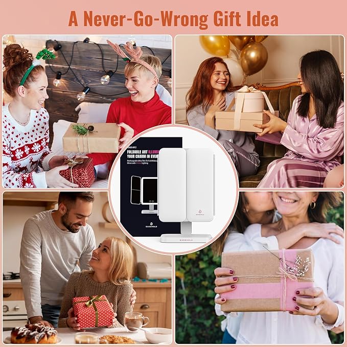 EASEHOLD Lighted Makeup Mirror with 3X Magnification, 3 Color Lights & Touch Sensor - Rechargeable Trifold Vanity Mirror for Travel, Desk, Home Use