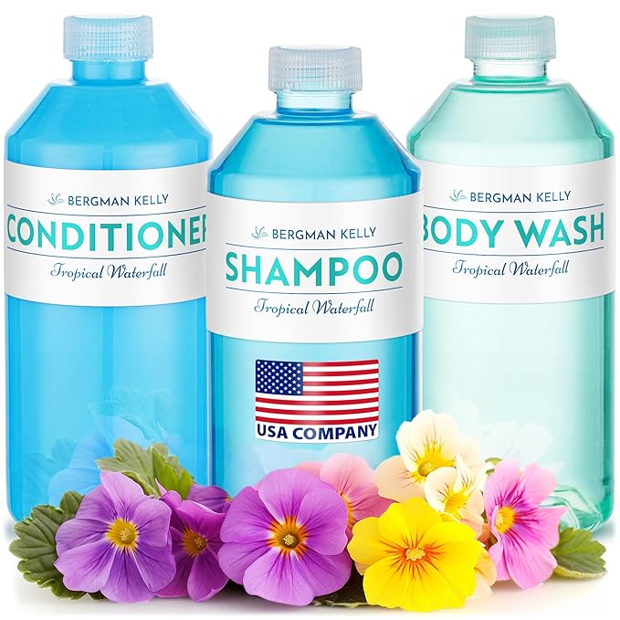 Bergman Kelly - Replacement Shampoo, Conditioner & Body Wash Refill Set - 12.6 oz, 3 Piece Set - Tropical Waterfall - for Dispensers - Delight Guests with Invigorating & Refreshing Hotel Hospitality
