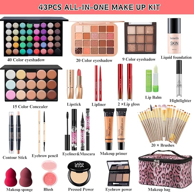 All in One Makeup Kit for Women Full Kit - 44PCS Professional Makeup Set with Foundation, Eyeshadow, Lipstick, Eyeliner - Complete Cosmetic Gift Set for Beginners and Professionals