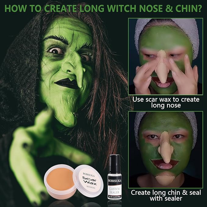 Halloween Witch Makeup, Complete Green Witch Make Up Kit SFX Character Set with Face Paint, Scar Wax for Special Effects Costume Makeup, Dress-Up Cosplay Party, Stage & Theater