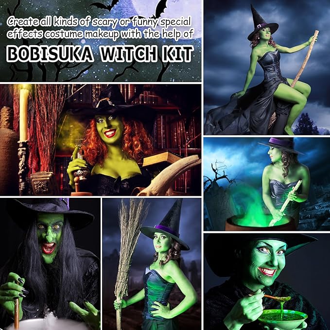 Halloween Witch Makeup, Complete Green Witch Make Up Kit SFX Character Set with Face Paint, Scar Wax for Special Effects Costume Makeup, Dress-Up Cosplay Party, Stage & Theater