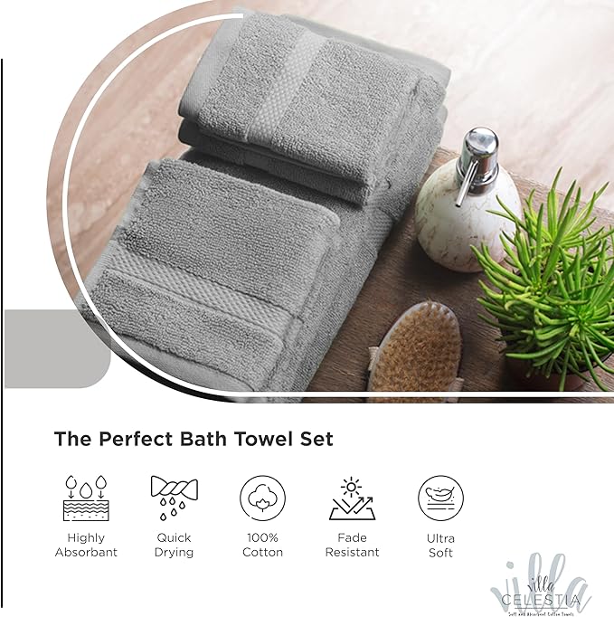 100% Combed Cotton Bathroom Towel Set of 8- 2 Bath Towels, 2 Hand Towels, 4 Wash Cloths, Sustainable, Soft, Highly Absorbent 8 Piece Cotton Bath Towel Set Ideal for Hotels, Spa, Bathroom, Dorm, Grey