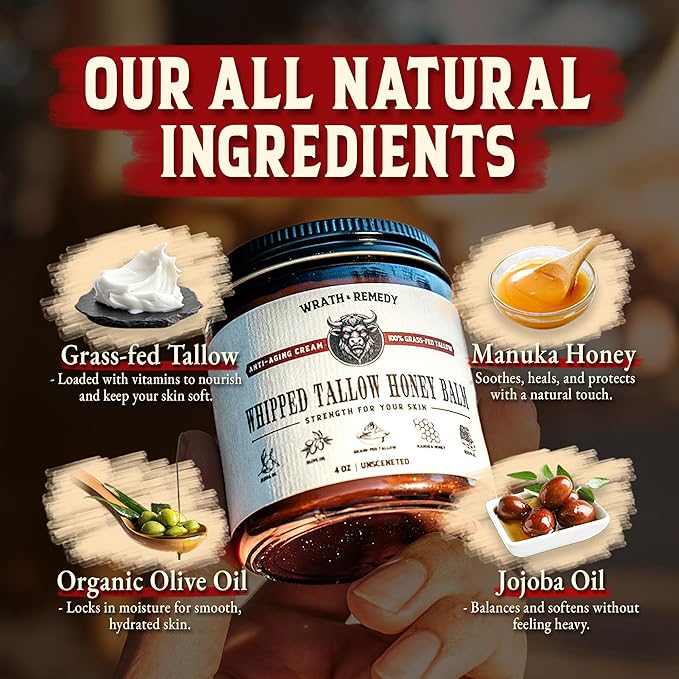 Organic Beef Tallow for Skin - 2OZ (Unscented, Concentrated) — Grass Fed Beef Tallow for face + Body — US-Made Tallow and Honey Balm Moisturizer for Dry & Sensitive Skin, Eczema, Rosacea(No Additives)