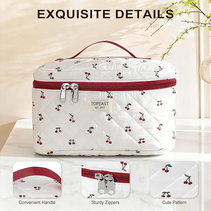 TOPEAST Travel Makeup Bag for Women Girl, 3Pcs Large Cotton Quilted Make up Brush Bags, Portable Cute Cosmetic Bag Sets with Zipper, Machine Washable Toiletry Pouch, Cherry