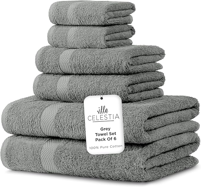 100% Combed Cotton Bathroom Towel Set of 6- 2 Bath Towels, 2 Hand Towels, 2 Wash Cloths, Sustainable, Soft, Highly Absorbent 6 Piece Cotton Bath Towel Set Ideal for Hotels, Spa, Bathroom, Dorm, Grey