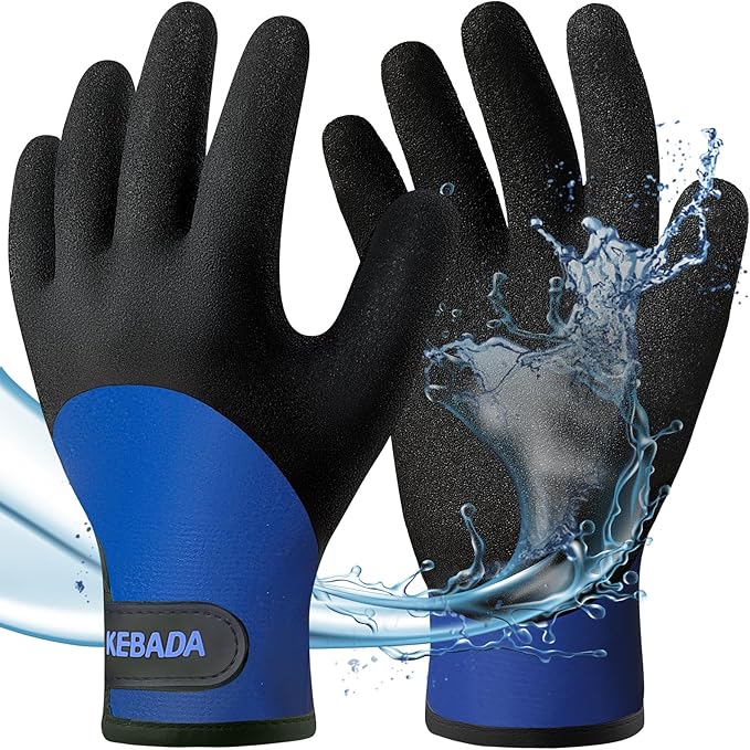 Kebada T2 Waterproof Winter Work Gloves for Men and Women - Thermal Insulated Freezer Gloves for Working in Freezer for Cold Weather, 100% Latex Coating, Wrist Closure, 1 Pair, Blue, X-Large
