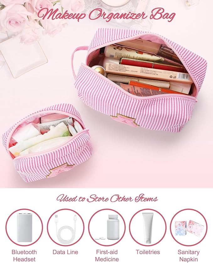 MONSTINA Personalized Initial Makeup Bag| Toiletry Bag for Girls&Women,Make Up Case for Girlfriend Bridesmaid Wife,Birthday Gift for Her Cute,2PCS,Pink C