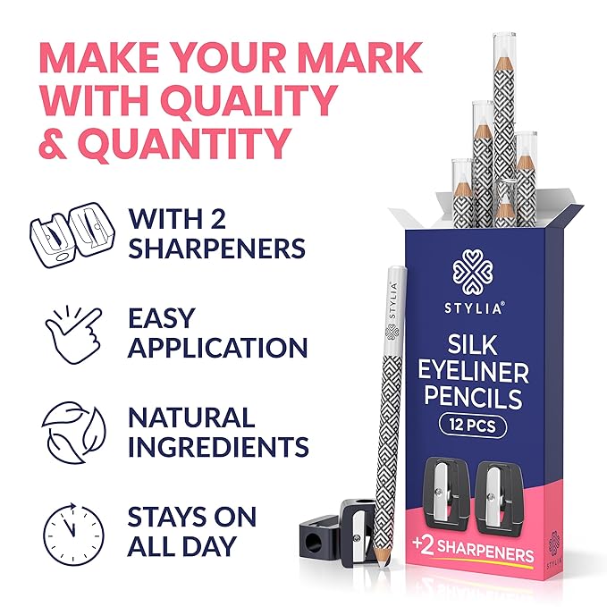 Stylia Waterproof White Eyeliner Pencil For Women – Long-Lasting Microblading Supplies Brow Pencil, Perfect for Defining, Highlighting & Brightening Eyes (12PC White)