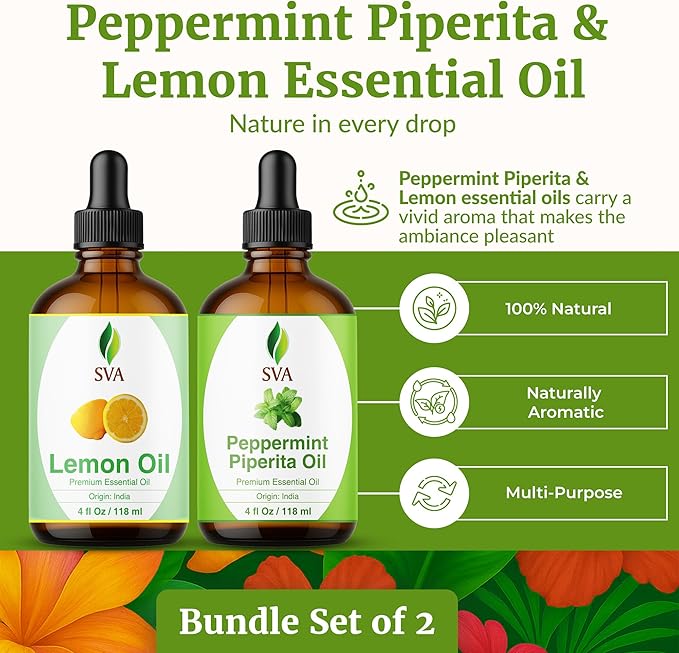 SVA Peppermint Essential Oil and Lemon Essential Oil 4oz Bundle Super Saver Combo – Premium Grade Value Set for Aromatherapy, Scalp Massage, Hair Care, Skin & Body