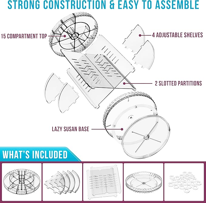 Sorbus 360 Rotating Makeup Organizer - Spinning cosmetics organizer, Adjustable Shelves for Make Up, Perfume & Toiletries - Acrylic Makeup Organizer for Vanity, Bathroom, Bedroom, Closet [Clear]