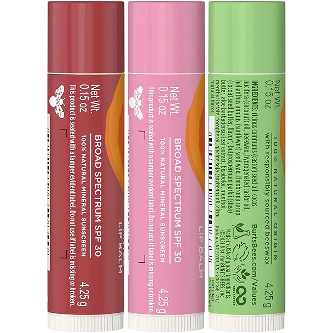 Burt's Bees Sun Care Lip Balm Pack, SPF 30 Tinted Lip Balm, Water-Resistant Moisturizer, Wild Peony, Sienna Rose, 3 Tubes, 0.15 oz.