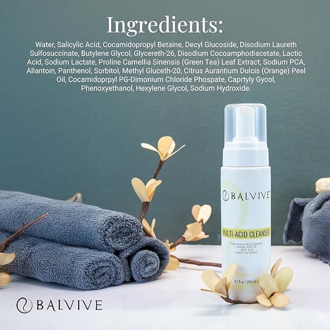 Foaming Facial Cleanser with Salicylic Acid, Glycolic Acid & Lactic Acid & Green Tea Extract– Face Wash for Acne, Oily & Sensitive Skin – Makeup Remover & Pore-Cleansing Skincare 6.7 fl oz