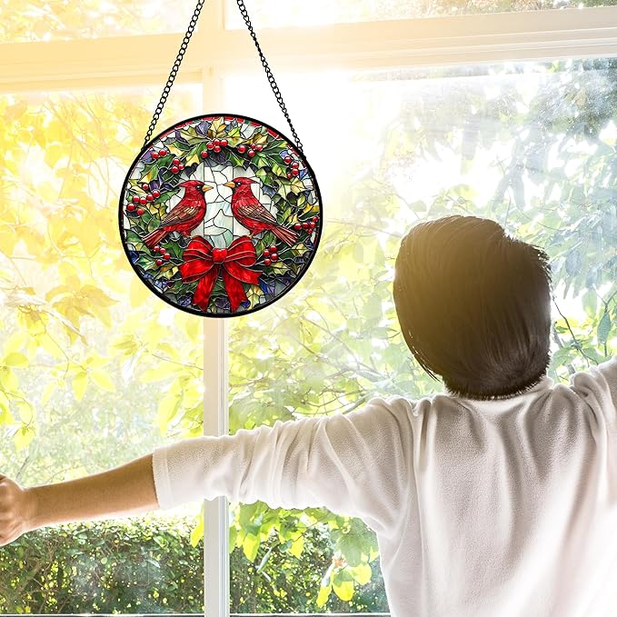 Stained Glass Window Hanging - Cardinals Green Wreath Suncatcher for Doors Home Christmas Decoration Red Bird Sun Catcher Thanksgiving New Year Birthday Gift for Women Men Mom Nana 6.3 in