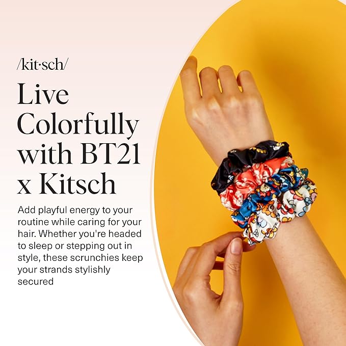 Kitsch x BT21 Satin Scrunchies for Women - No Crease Hair Ties for Girls | Scrunchies For All Hair Types and Textures, Perfect for Day or Night | Ideal Gifts for Women - 4 Pcs