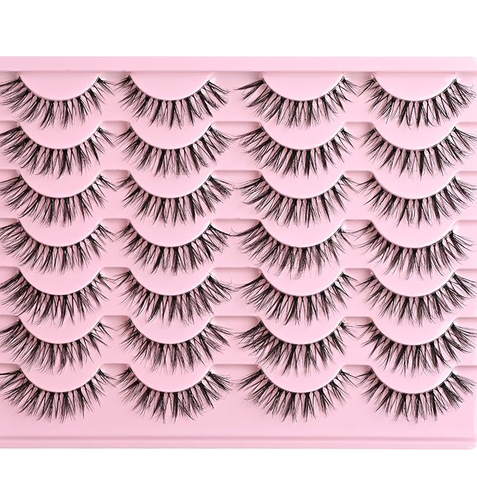 FARRED Cat Eye Lashes False Eyelashes Natural Look Clear Band Wispy Lashes 14 Pairs Lash Strips Hybrid Full Cateye Medium Length Strip Lashes Pack Pestañas (F28 | 8-14mm)