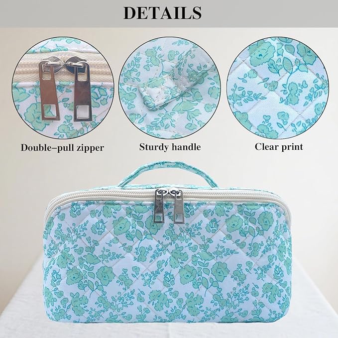 Green Large Quilted Floral Makeup Bag Cute Coquette Aesthetic Cosmetic Bag Open Flat Travel Toiletry Make up Bag for Women