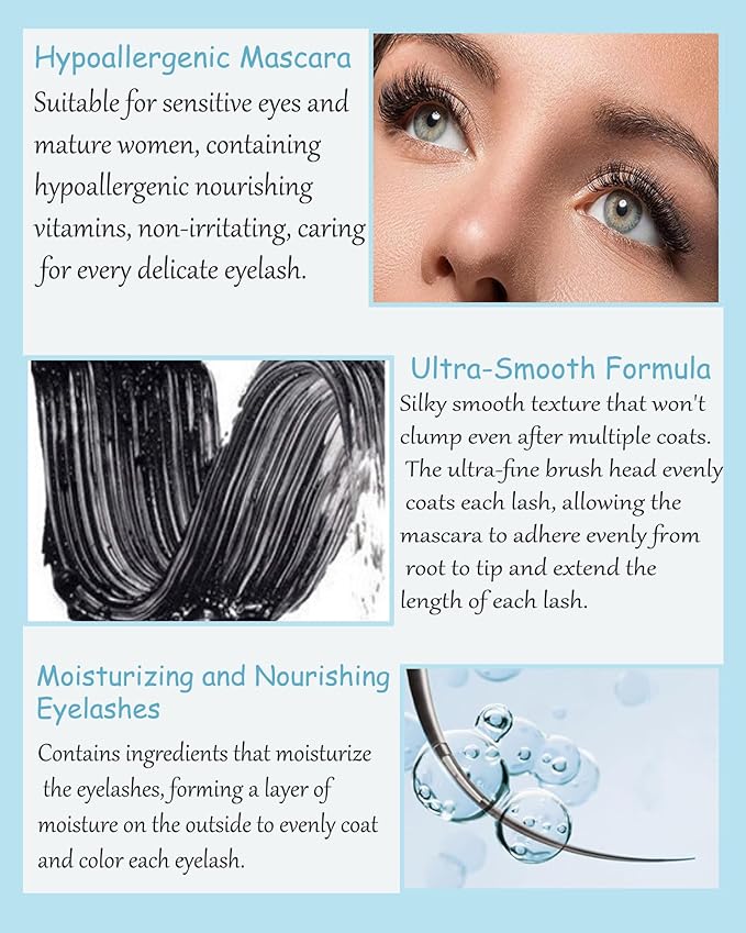 Mascara for Older Women 60 Plus,Waterproof Mascara for Seniors with Thinning Lashes, Volumizing Hypoallergenic Black Mascaras Volume and Length for Sensitive Eyes, Smudge-proof Long Lasting