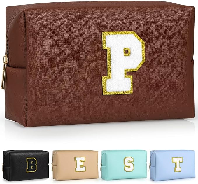 TOPEAST Personalized Makeup Bag, Chenille Letter Pouch Cosmetic Bag w Zipper, PU Leather Waterproof Toiletry Bag, Bridal Shower Gifts for Bridesmaids, Cute Stuff for Girls (Brown P)