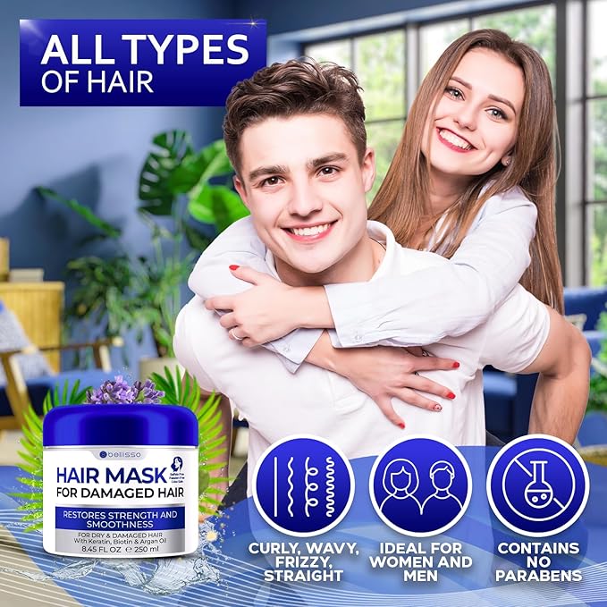 BELLISSO Hair Mask for Damaged Hair - Deep Conditioning and Moisturizing Repair Treatment for Dry Split Ends and Breakage - Hydrating Moisturizer Products for Women and Men - 8.45 Fl Oz