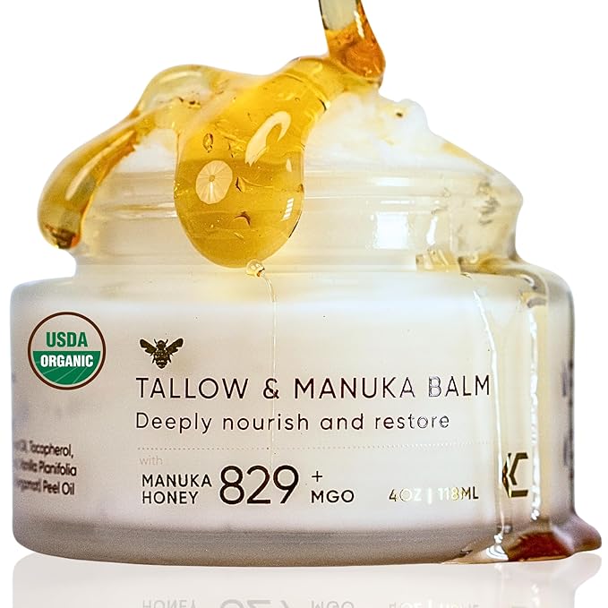 100% Organic Grass-Fed Beef Tallow and Manuka Honey Balm, Natural Moisturizer Cream for Face & Body, Eczema Relief Cream, Moisturizer for Dry Skin, Pure Tallow Face Moisturizer for Sensitive Skin, 4oz