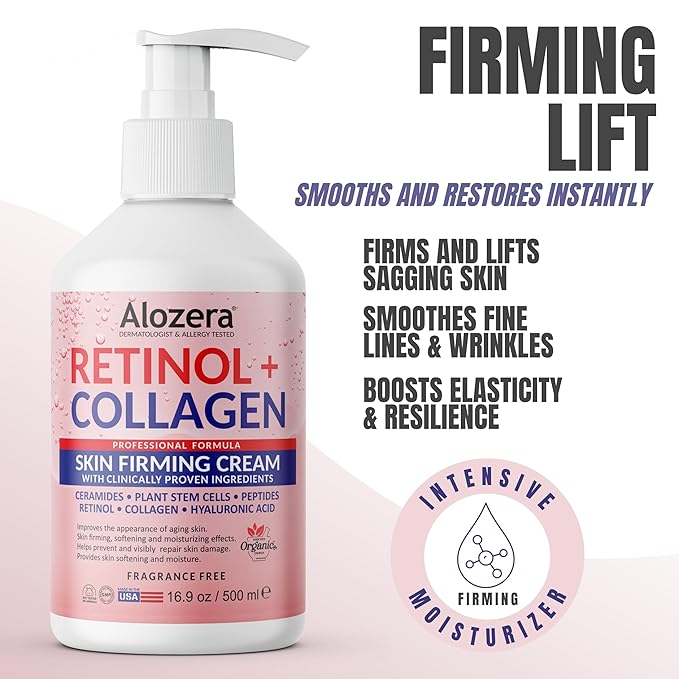 Alozera Skin Firming Retinol Collagen Body Lotion with Stem Cells for Aging Skin and Wrinkles, Non-Greasy, Lightweight Moisturizer, Fragrance-Free, 16.9 oz 2-Pack