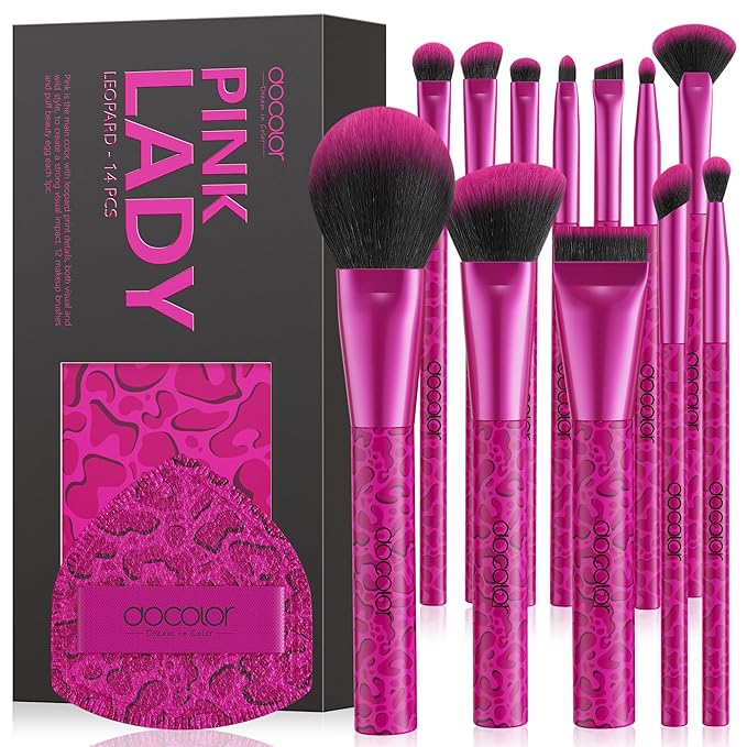 docolor Makeup Brushes 12PCS Pink Leopard Makeup Brush Set Premium Synthetic Foundation Powder Concealers Eyeshadow Blush Make Up Brushes with 1PC Large Powder Puffs