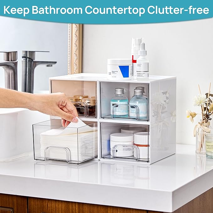 Vtopmart 4Pack Small Stackable Storage Drawer, Bathroom Makeup Organizer,Plastic Storage Bins For Vanity, Undersink, Kitchen Cabinets, Pantry, Home Organization(White)