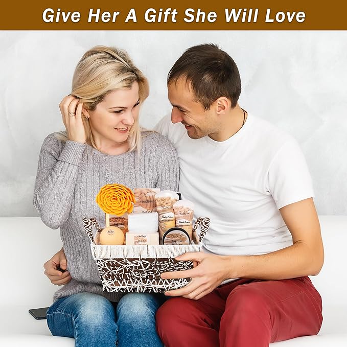 Spa Baskets For Women - Luxury Bath Set With Honey & Almond - Spa Kit Includes Wash, Bubble Bath, Lotion, Bath Salts, Body Scrub, Hand Cream, Shower Puff, Bathbombs, Soap and Towel