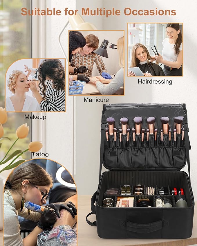 Relavel Makeup Backpack Extra Large Travel Train Case Professional Makeup Artist Kit Set Bag with 4 Clear Bags, Brush Storage Organizer Box with Dividers for Cosmetic Hair Tools Barber Supplies, Black