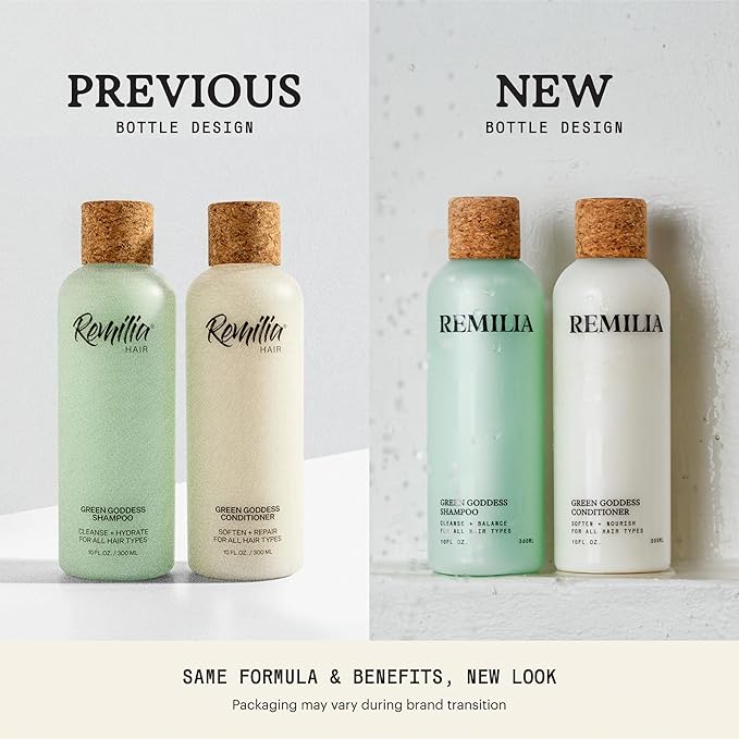 REMILIA Green Goddess Shampoo and Conditioner Set for Damaged Hair – With Rosemary Oil, Panthenol & Green Tea Extract – Hydrating, Strengthening, Vegan – Made in USA – 2 x 8.5 fl oz