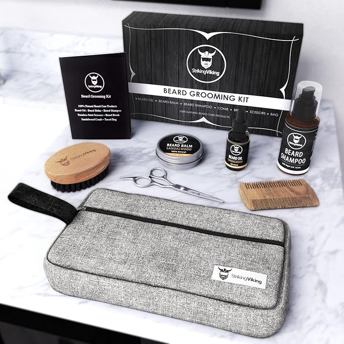Striking Viking Grooming Kit - Premium Care Products for Men with Beard Shampoo, Oil, Balm Butter, Brush, Wooden Comb, Mustache Scissors & Toiletry Bag