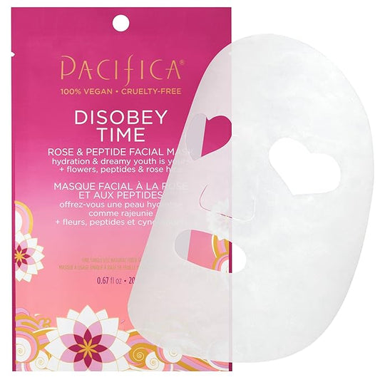 Pacifica Disobey Time Rose & Peptide Facial Sheet Mask Hydrating Anti-Aging Mask for Fine Lines & Dry Skin Infused w/Hyaluronic Acid & Chamomile Clean Beauty Vegan & Cruelty-Free Dermatologist Tested
