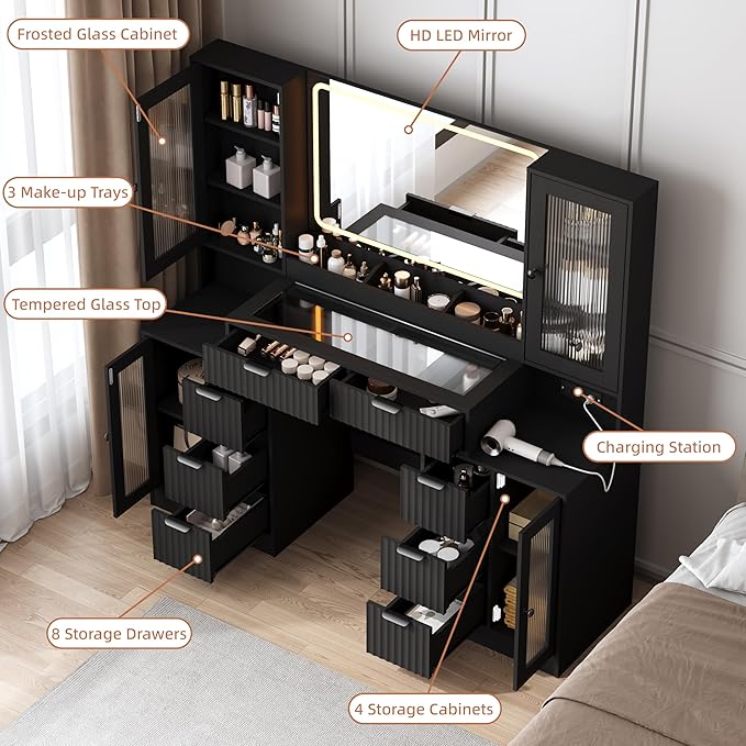 55" Vanity Desk with Mirror & Lights, Fluted Makeup Vanity with 8 Drawers & 4 Cabinets, Tempered Glass Top, RGB Cabinet Lighting, 3-Color Dimmable Mirror, and Charging Station (Matte Black)