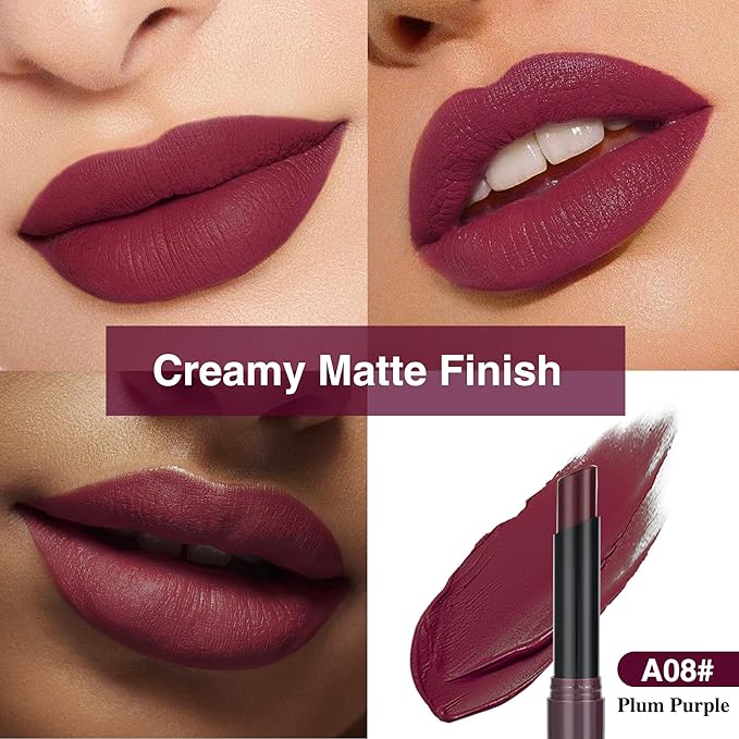 Plum Purple Matte Lipstick，Creamy Silky Matte+Lipsticks，Hydrating Balm-in-Lipstick，Velvety Finish for Women Daily Lip Makeup，High-pigment Formula，Easy to use and color，Vegan & Cruelty-Free 08#