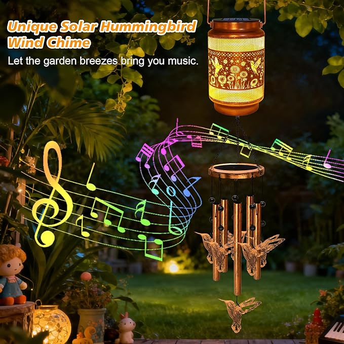 Hummingbird Solar Wind Chimes for Outside, Gifts for Christmas Mom Women Grandma Birthday Memorial Teacher, 32" Windchimes Outdoor Decor Hanging Solar Lantern for Garden Porch Patio Backyard