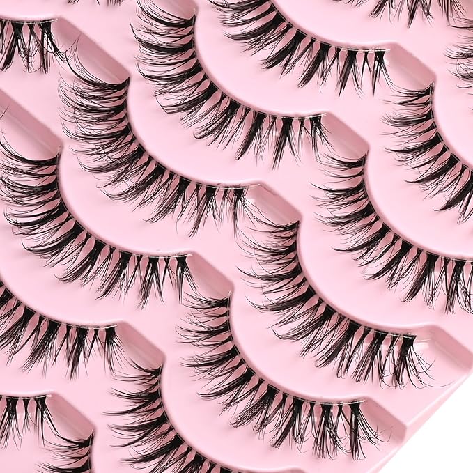 FARRED Cat Eye Lashes False Eyelashes Natural Look Clear Band Wispy Lashes 14 Pairs Lash Strips Hybrid Full Cateye Medium Length Strip Lashes Pack Pestañas (F28 | 8-14mm)
