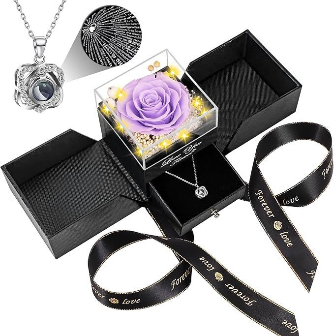 Preserved Light Purple Real Rose with Heart I Love You Necklace -Eternal Flowers Rose Birthday Gifts for Women Her Mom Wife Girlfriend Grandma on Valentines Mothers Day Christmas Anniversary