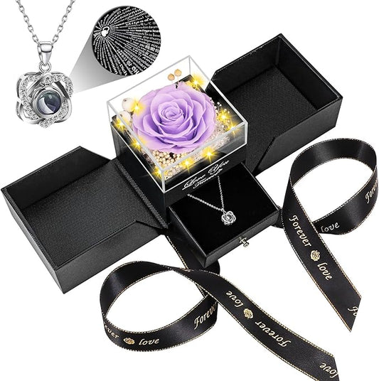 Preserved Light Purple Real Rose with Heart I Love You Necklace -Eternal Flowers Rose Birthday Gifts for Women Her Mom Wife Girlfriend Grandma on Valentines Mothers Day Christmas Anniversary