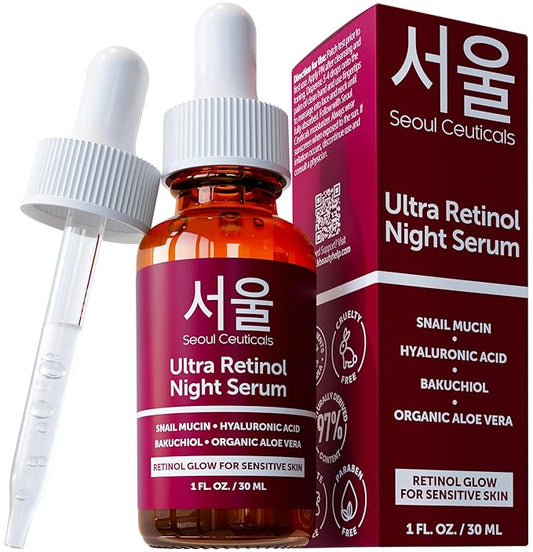 SeoulCeuticals 1% Korean Retinol Night Serum for Face - 97.5% Snail Mucin + Hyaluronic Acid + Bakuchiol, Cruelty Free K Beauty for Sensitive Skin 1oz