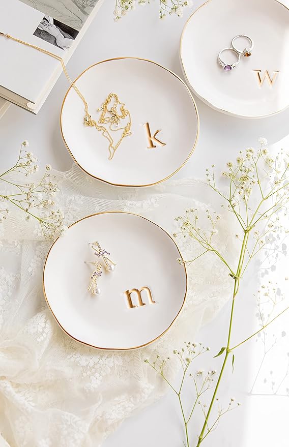 COLLECTIVE HOME - Ceramic Jewelry Tray, Decorative Trinket Dish for Rings Earrings Necklaces Bracelet Watch Keys, Birthday Mother's Day Christmas Gift for Women, 4.75", White Surface (i)