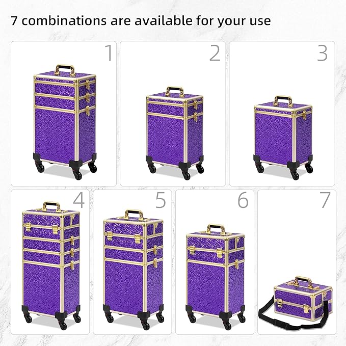 Rolling Makeup Case, Makeup Train Case with Lid, 5 in 1 Cosmetology Case on Wheels, Christmas Gift, Large Makeup Organizers, Profesional Cosmetic Case for Salon Barber, Purple Gold
