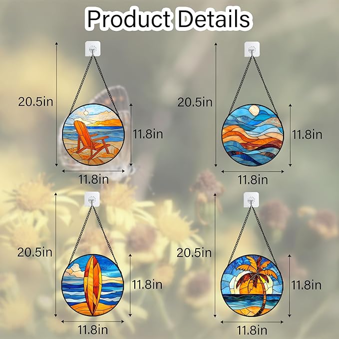Stained Glass Window Hanging 4 Pcs Set Blue Orange Ocean Beach Theme Large 11.8" - Suncatcher Door Garden Sun Catcher Decor Birthday Christmas for Mom Woman Nana Men Wife