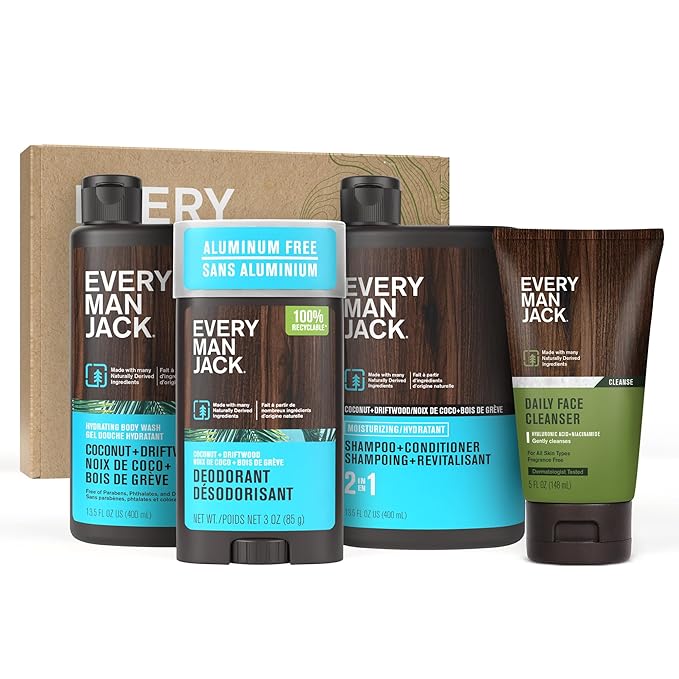 Every Man Jack Men’s Coconut + Driftwood Bath and Body Gift Set - Round Out His Routine with Body Wash, 2-in-1 Shampoo, Deodorant & Face Wash