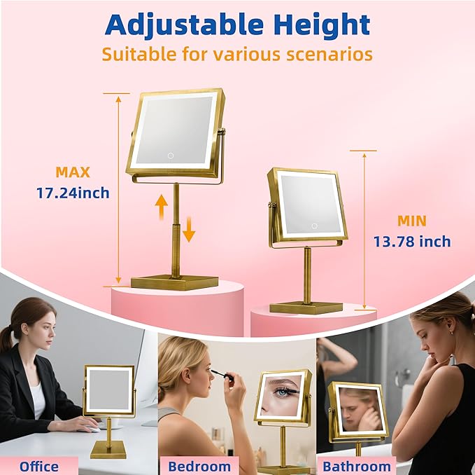RUACQ Rechargeable Makeup Mirror, 4000mAh Lighted Makeup Mirror with Magnification 1X/10X, Height Adjustable vanity mirror with lights, 3 Color light, Adjustable Brightness,360°Rotation(Antique Brass)